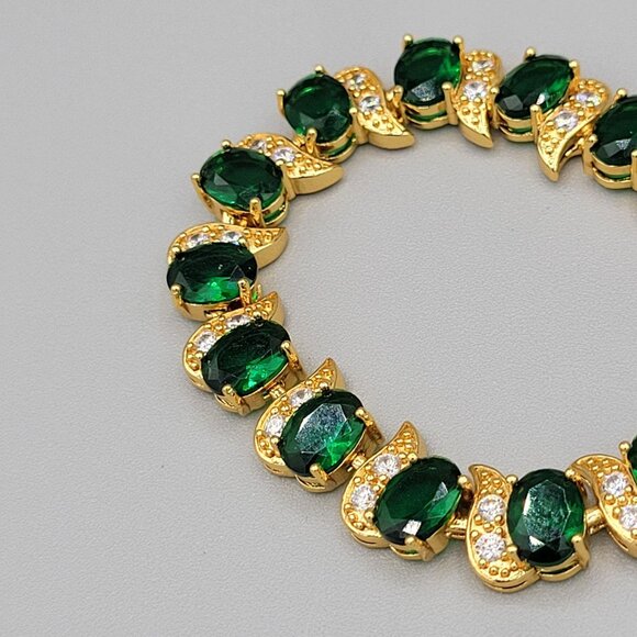 Gold Tone Bracelet With Green & Clear CZ Stones Prong Set Adjustable - Picture 5 of 7